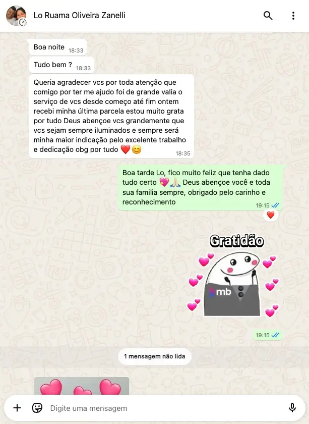 Depoimento da Lo Ruama agradecendo pela atenção e dedicação da equipe