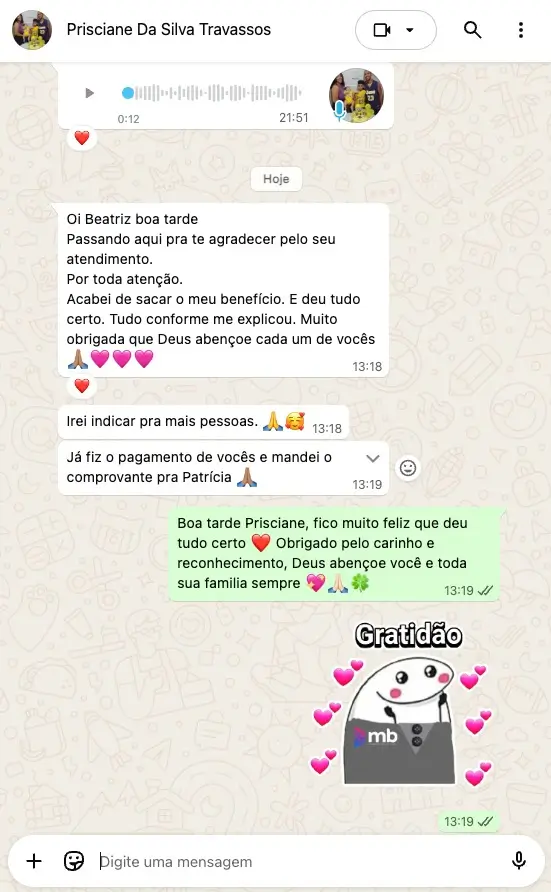 Depoimento da Prisciane agradecendo pelo atendimento e benefício recebido